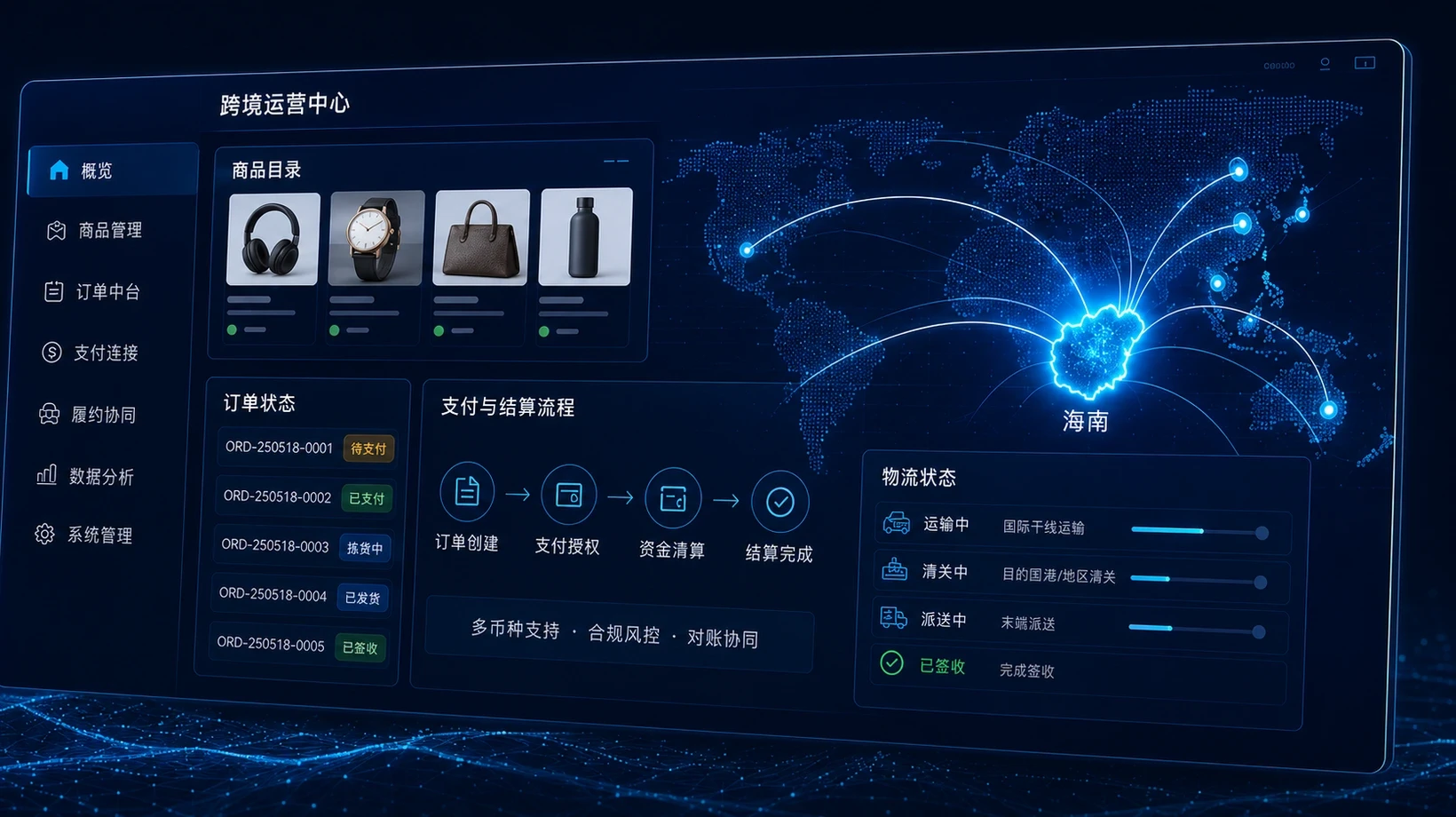 跨境运营中心与海南全球连接示意，界面数据为视觉示例