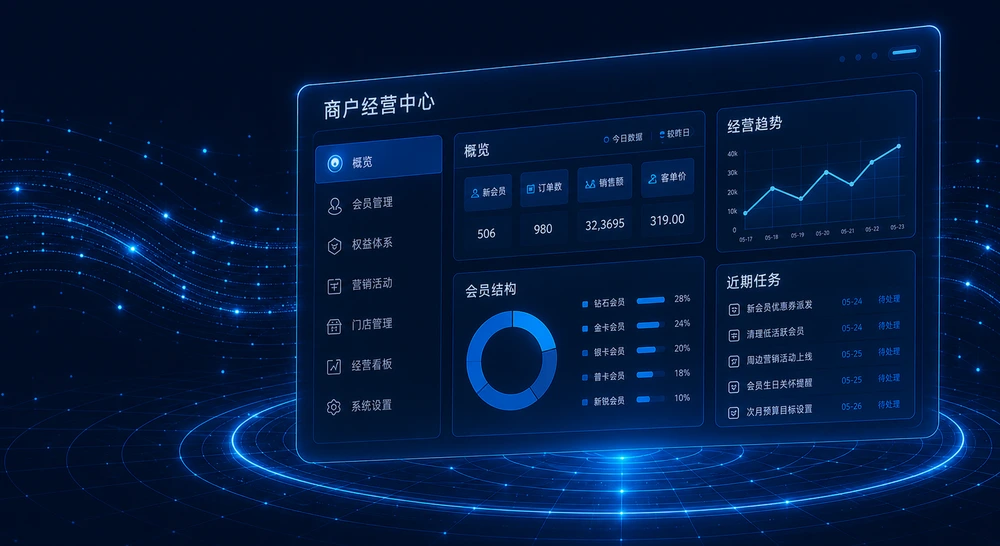 商户经营中心示意界面,数据仅作视觉说明