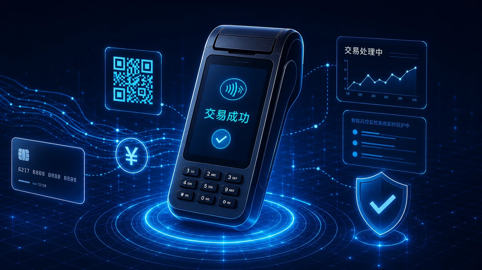 智能支付终端、交易状态与安全防护示意