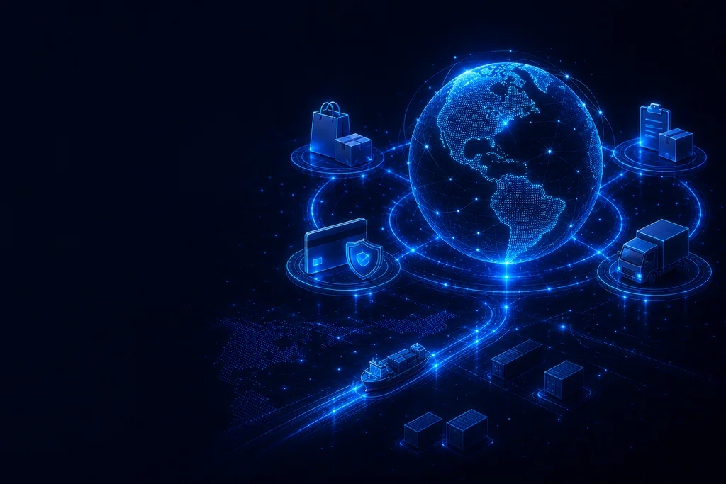 数字地球连接商品、订单、支付和物流节点的跨境商业科技视觉